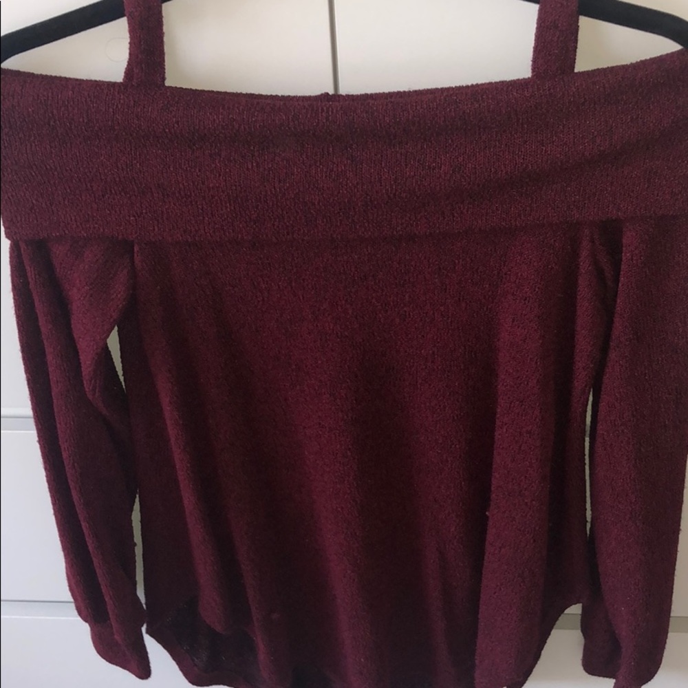 Off-the-shoulder Maroon Long Sleeve Shirt